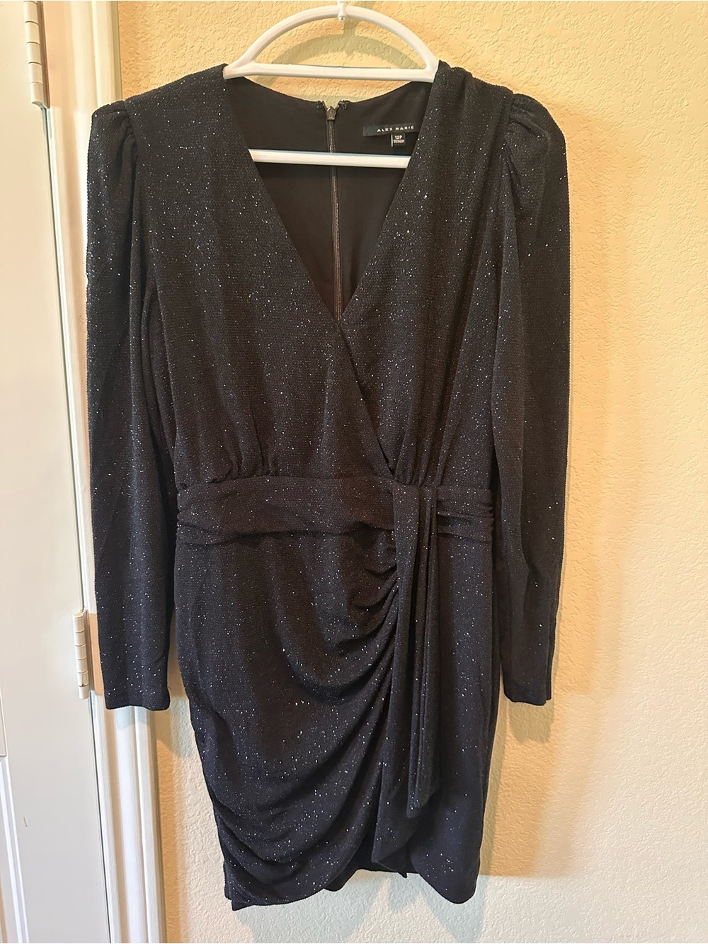 Alex Marie Black Sparkle Draped Long Sleeve Dress